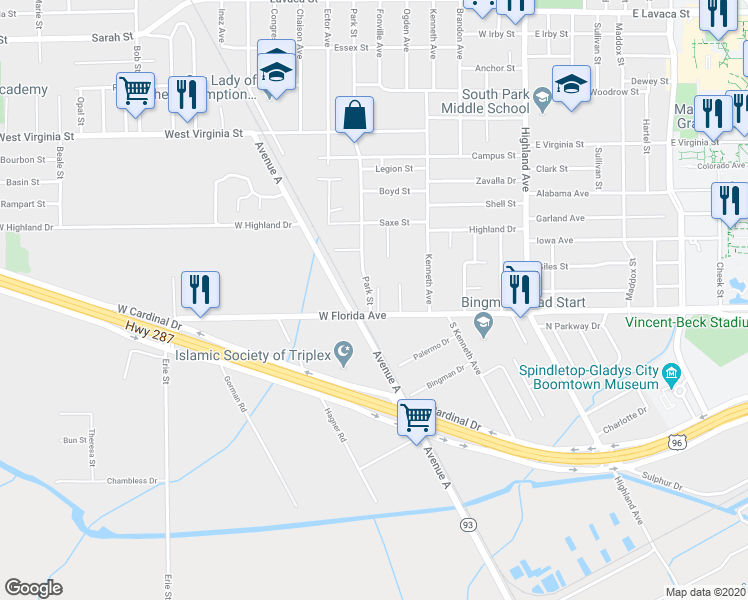 map of restaurants, bars, coffee shops, grocery stores, and more near 998 West Florida Avenue in Beaumont