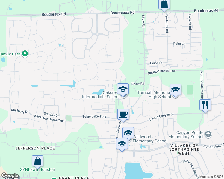 map of restaurants, bars, coffee shops, grocery stores, and more near 18215 Shaw Road in Cypress