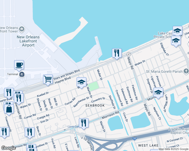 map of restaurants, bars, coffee shops, grocery stores, and more near 7936 Redfish Street in New Orleans
