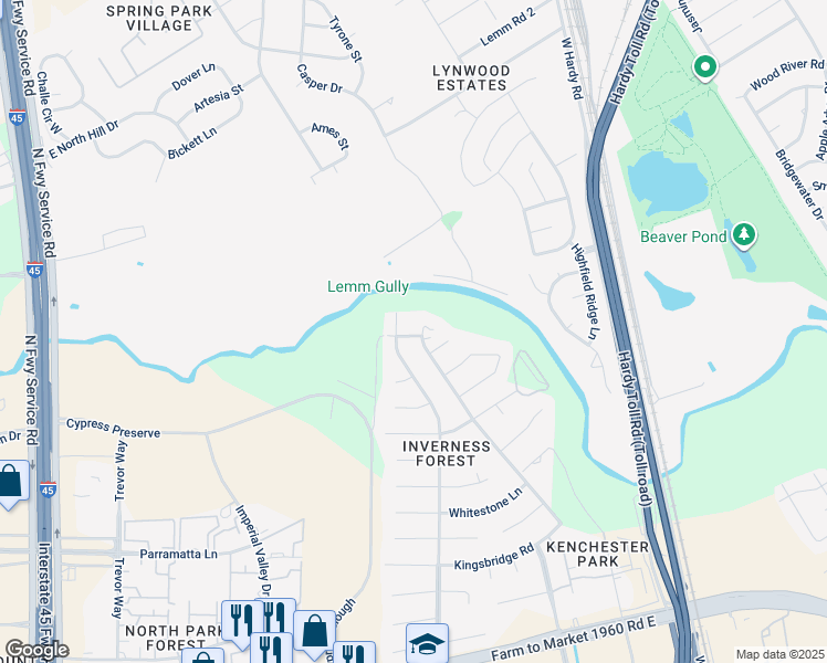 map of restaurants, bars, coffee shops, grocery stores, and more near 22403 Kenchester Drive in Houston