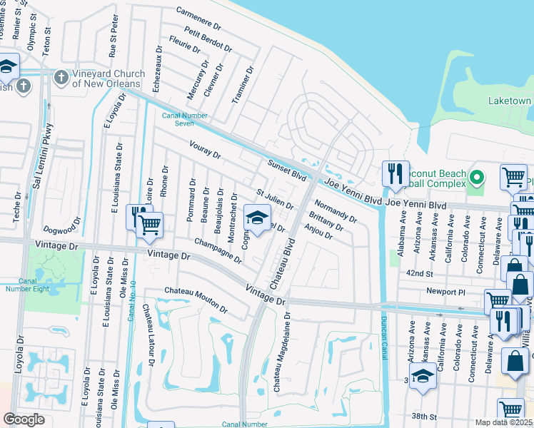 map of restaurants, bars, coffee shops, grocery stores, and more near 4208 Asher Court in Kenner