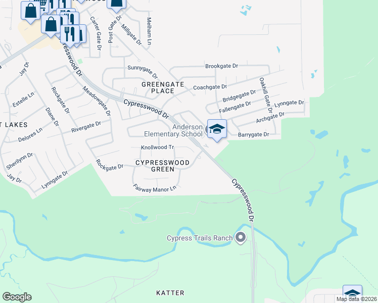map of restaurants, bars, coffee shops, grocery stores, and more near 6218 Knollwood Tr in Spring