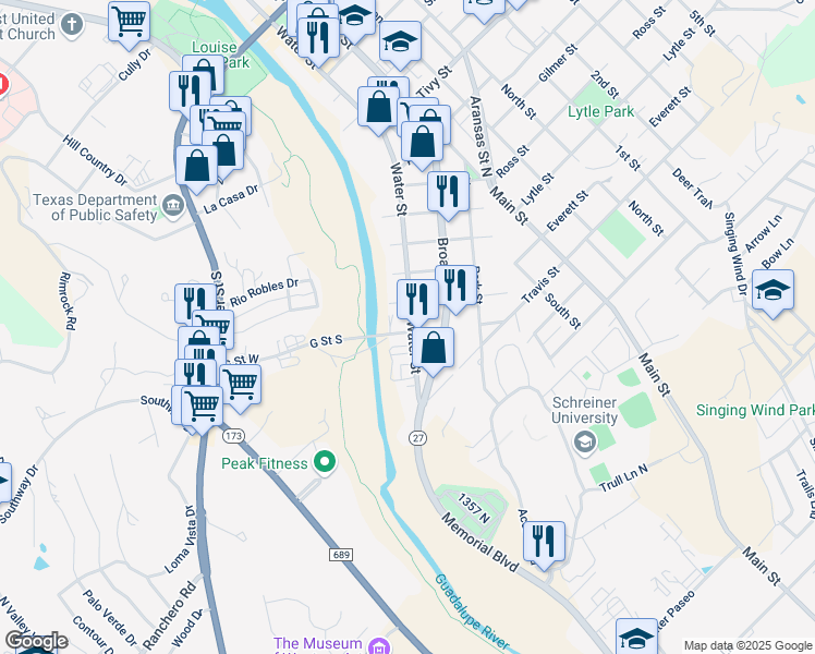 map of restaurants, bars, coffee shops, grocery stores, and more near 1621 Water Street in Kerrville
