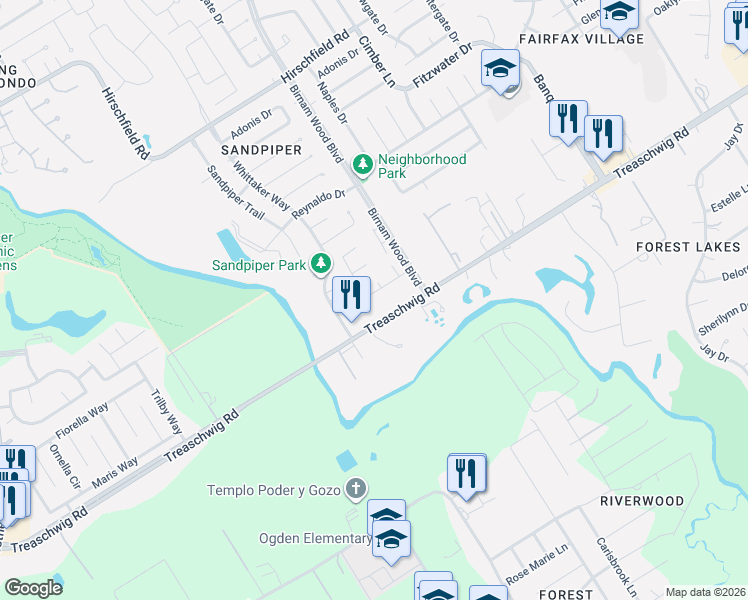map of restaurants, bars, coffee shops, grocery stores, and more near 22907 Twisting Pine Drive in Spring