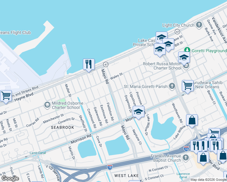 map of restaurants, bars, coffee shops, grocery stores, and more near 7701 Mayo Boulevard in New Orleans