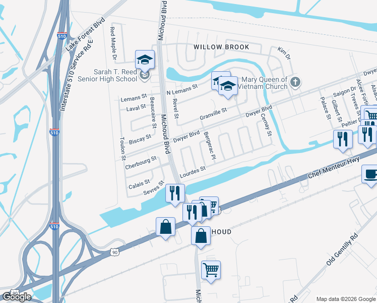 map of restaurants, bars, coffee shops, grocery stores, and more near 4941 Savoie Court in New Orleans