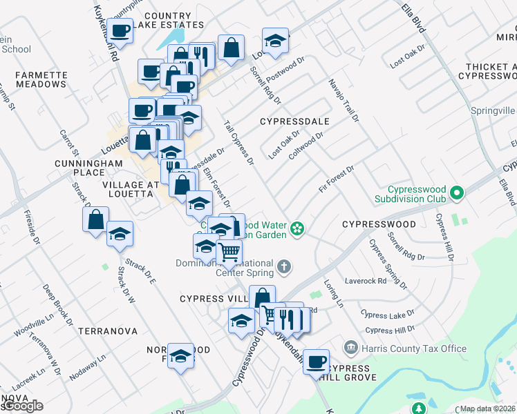 map of restaurants, bars, coffee shops, grocery stores, and more near 18026 Elmbrook Drive in Spring