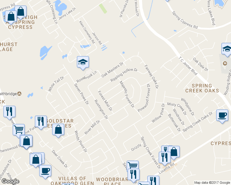 map of restaurants, bars, coffee shops, grocery stores, and more near 6522 Castle Pine Lane in Spring