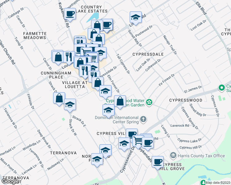 map of restaurants, bars, coffee shops, grocery stores, and more near 4807 Coltwood Drive in Spring