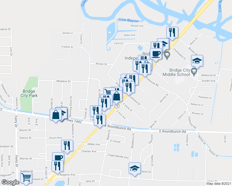 map of restaurants, bars, coffee shops, grocery stores, and more near 134 West Darby Street in Bridge City