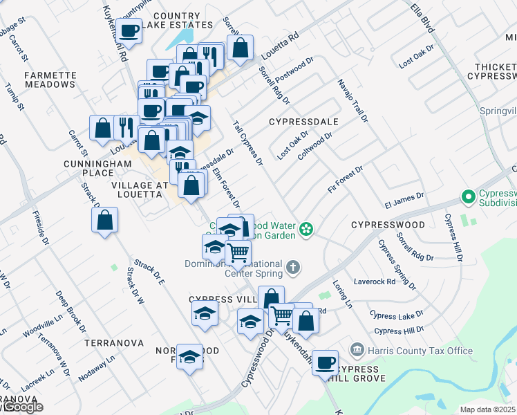 map of restaurants, bars, coffee shops, grocery stores, and more near 4731 Casemont Drive in Spring