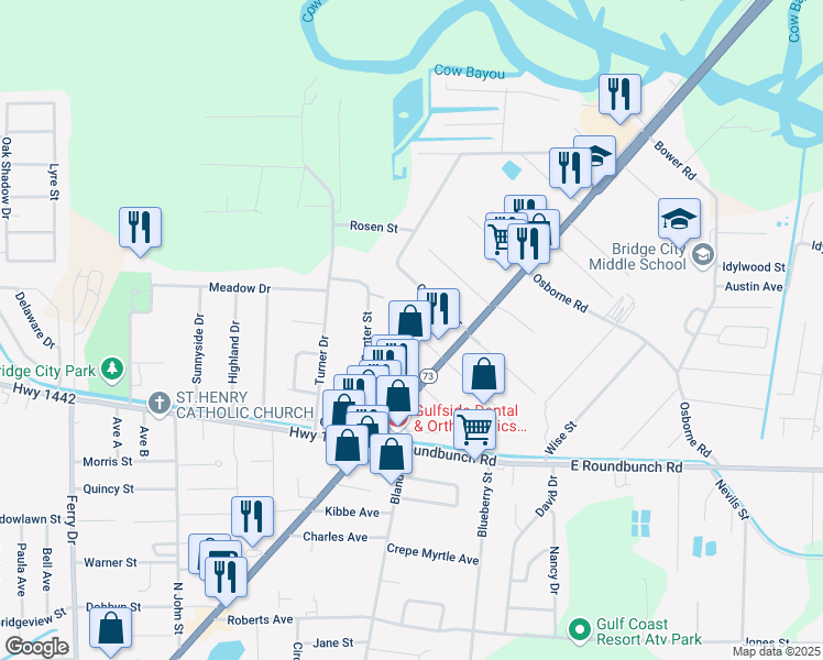 map of restaurants, bars, coffee shops, grocery stores, and more near 148 West Darby Street in Bridge City
