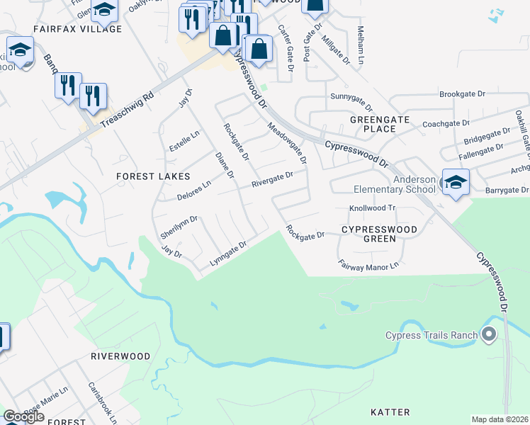 map of restaurants, bars, coffee shops, grocery stores, and more near 22118 Peachglen Lane in Spring