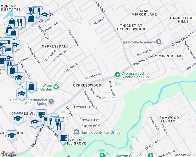 map of restaurants, bars, coffee shops, grocery stores, and more near 3810 Cypresswood Dr in Spring