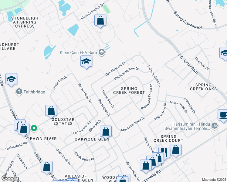 map of restaurants, bars, coffee shops, grocery stores, and more near 6522 Castle Pine Lane in Spring