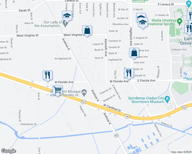 map of restaurants, bars, coffee shops, grocery stores, and more near 998 West Florida Avenue in Beaumont