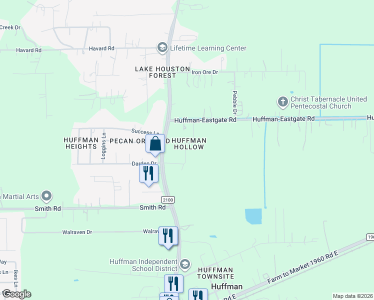 map of restaurants, bars, coffee shops, grocery stores, and more near 25000 Farm to Market 2100 in Huffman