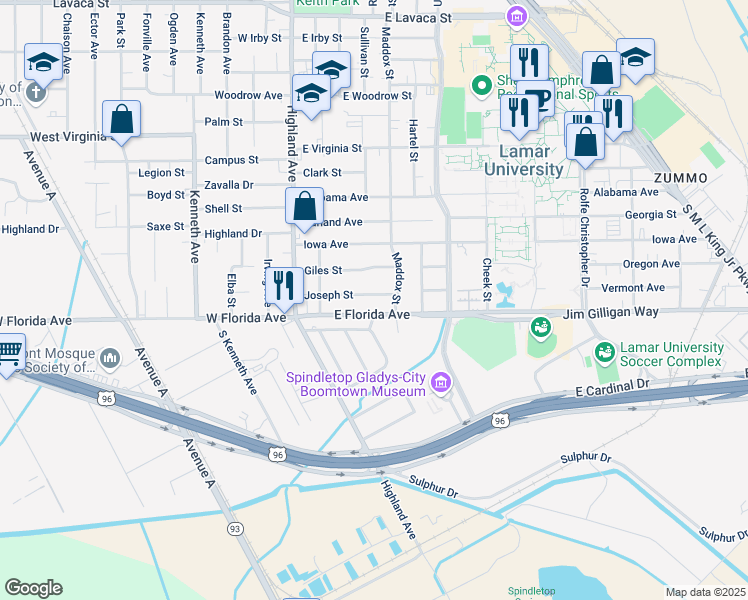 map of restaurants, bars, coffee shops, grocery stores, and more near 475 East Florida Avenue in Beaumont