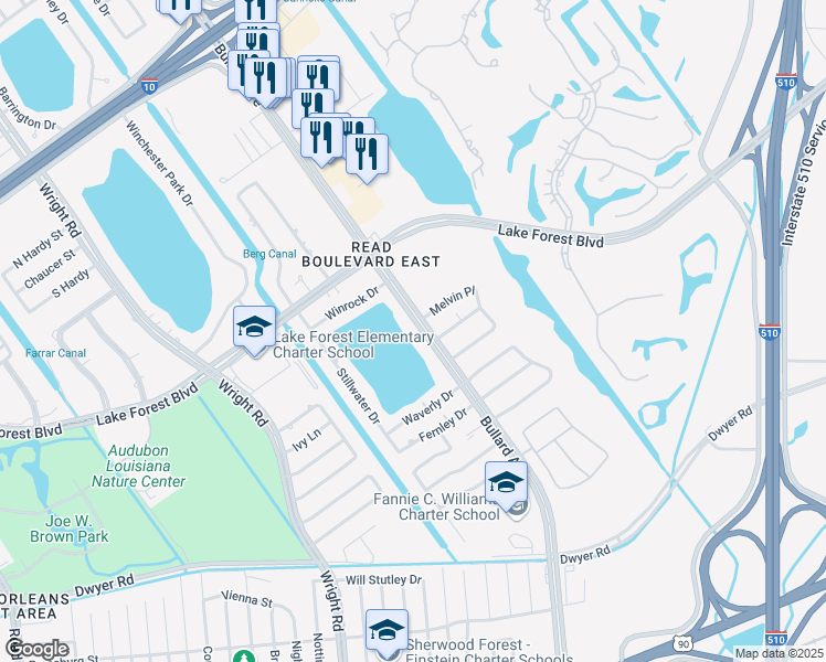 map of restaurants, bars, coffee shops, grocery stores, and more near 5470 Bullard Avenue in New Orleans