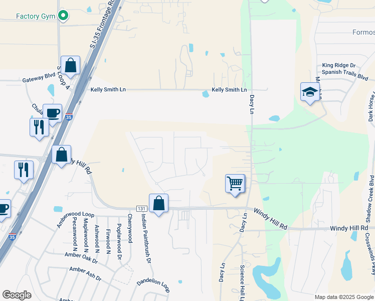 map of restaurants, bars, coffee shops, grocery stores, and more near 261 Bobolink Cove in Kyle