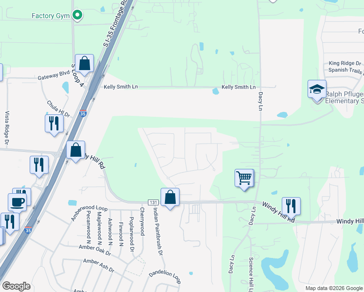 map of restaurants, bars, coffee shops, grocery stores, and more near 206 Screech Owl Drive in Kyle