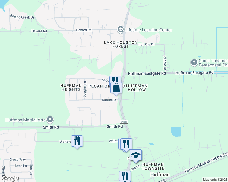 map of restaurants, bars, coffee shops, grocery stores, and more near 30849 Farm to Market 2100 in Huffman