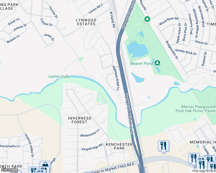 map of restaurants, bars, coffee shops, grocery stores, and more near 22427 Highland Point Lane in Spring
