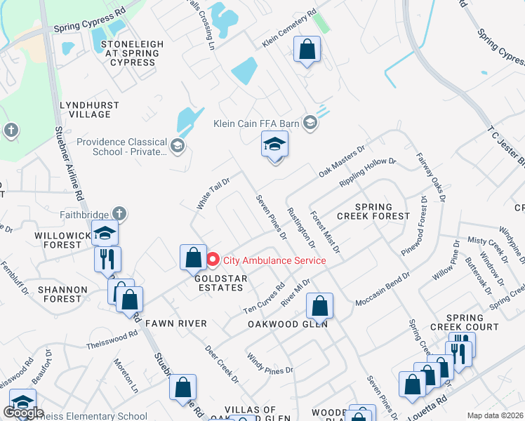 map of restaurants, bars, coffee shops, grocery stores, and more near 17714 Seven Pines Drive in Spring