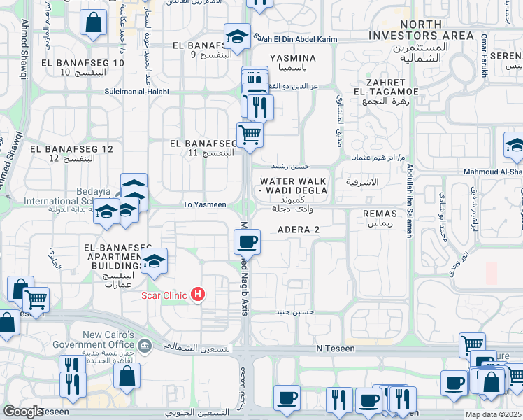 map of restaurants, bars, coffee shops, grocery stores, and more near in New Cairo 1