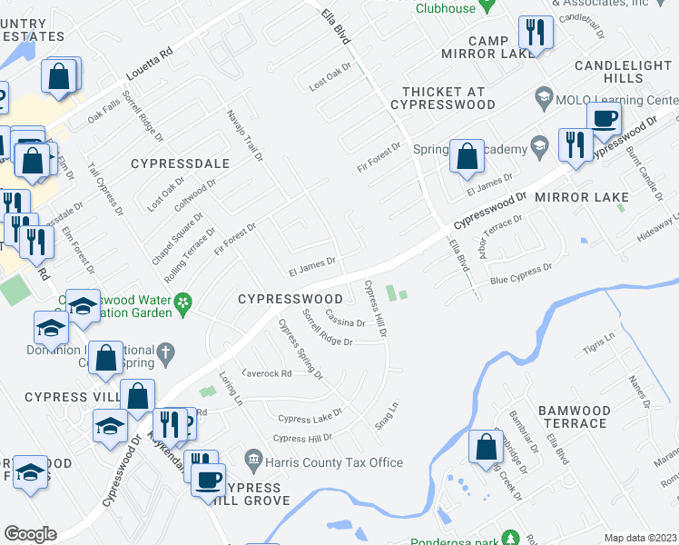 map of restaurants, bars, coffee shops, grocery stores, and more near 3810 Cypresswood Drive in Spring