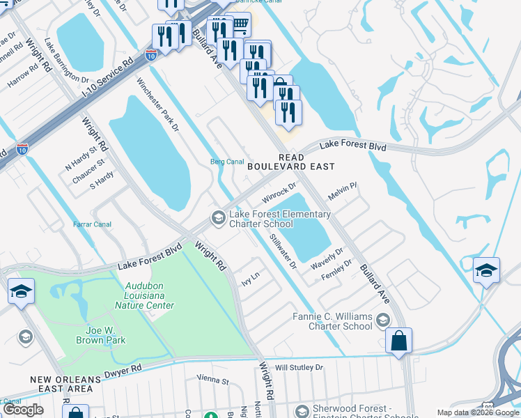 map of restaurants, bars, coffee shops, grocery stores, and more near 5597 Stillwater Drive in New Orleans