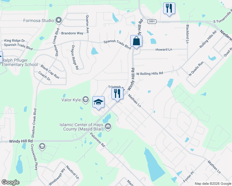 map of restaurants, bars, coffee shops, grocery stores, and more near 250 Twisted Oaks Lane in Buda