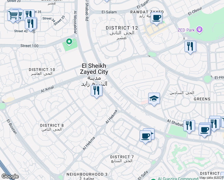 map of restaurants, bars, coffee shops, grocery stores, and more near in أول الشيخ زايد