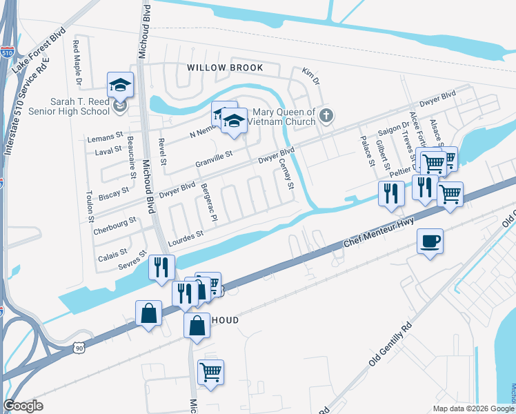map of restaurants, bars, coffee shops, grocery stores, and more near 4800 Brittany Court in New Orleans