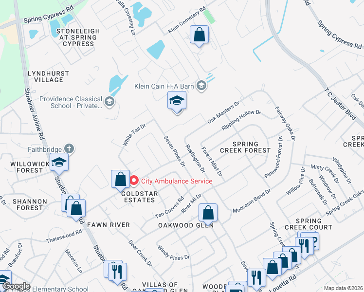 map of restaurants, bars, coffee shops, grocery stores, and more near 17714 Seven Pines Drive in Spring