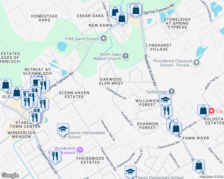 map of restaurants, bars, coffee shops, grocery stores, and more near 7907 Goldengrove Drive in Spring