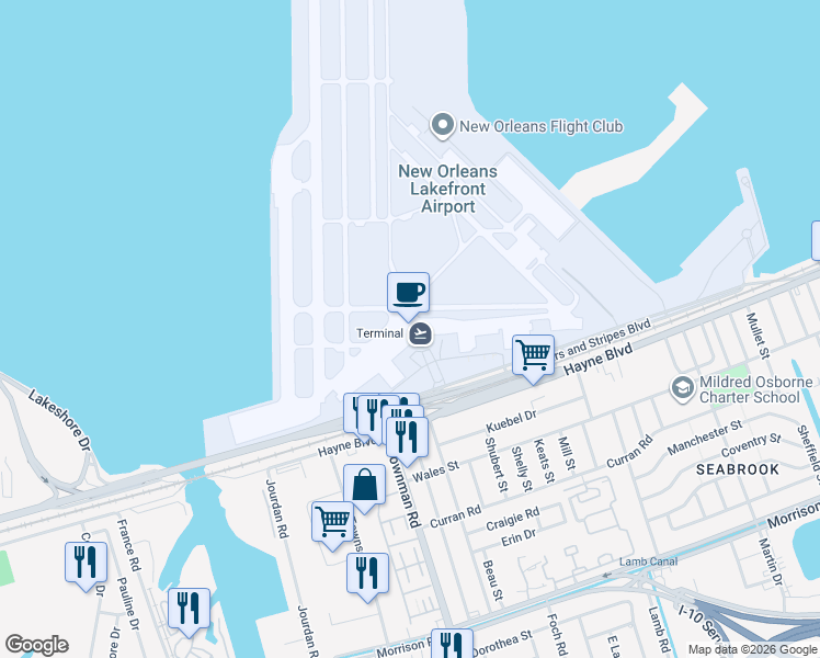 map of restaurants, bars, coffee shops, grocery stores, and more near 6001 Stars and Stripes Boulevard in New Orleans
