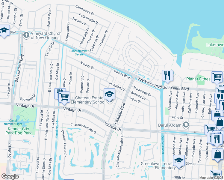 map of restaurants, bars, coffee shops, grocery stores, and more near 4209 Arbor Court in Kenner