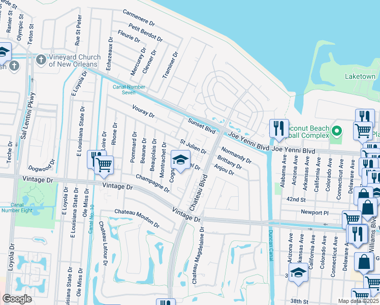 map of restaurants, bars, coffee shops, grocery stores, and more near 4208 Asher Court in Kenner