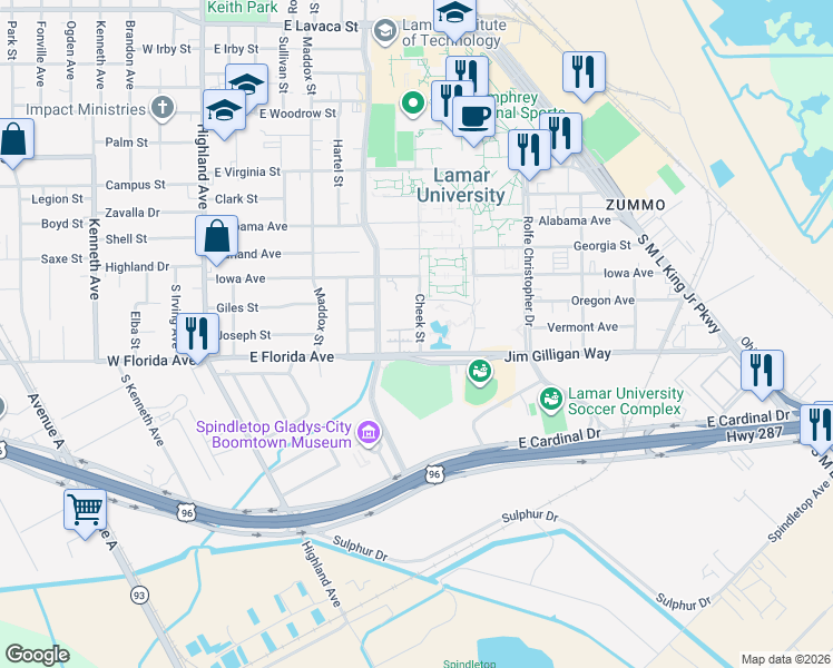 map of restaurants, bars, coffee shops, grocery stores, and more near 755 Jim Gilligan Way in Beaumont