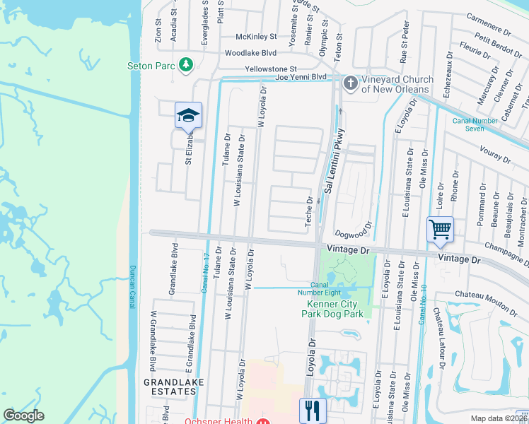 map of restaurants, bars, coffee shops, grocery stores, and more near 201 Cypress Bayou Lane in Kenner