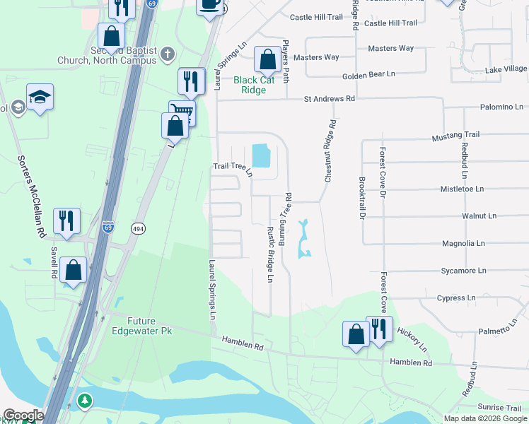 map of restaurants, bars, coffee shops, grocery stores, and more near 22302 Rustic Bridge Lane in Humble