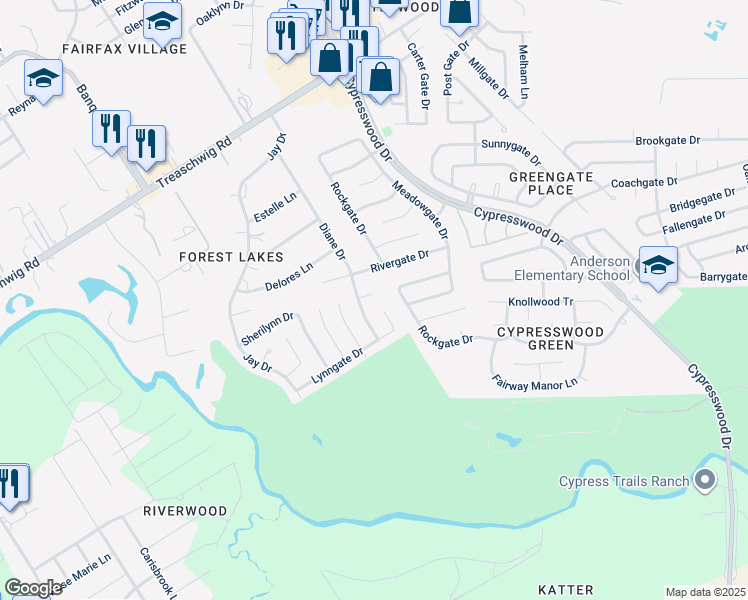map of restaurants, bars, coffee shops, grocery stores, and more near 22201 Diane Drive in Spring