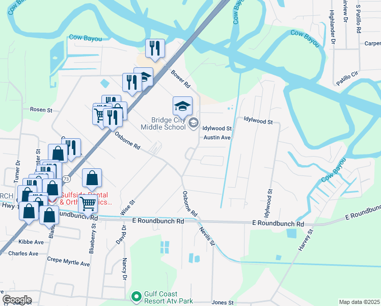 map of restaurants, bars, coffee shops, grocery stores, and more near 400 Bower Road in Bridge City