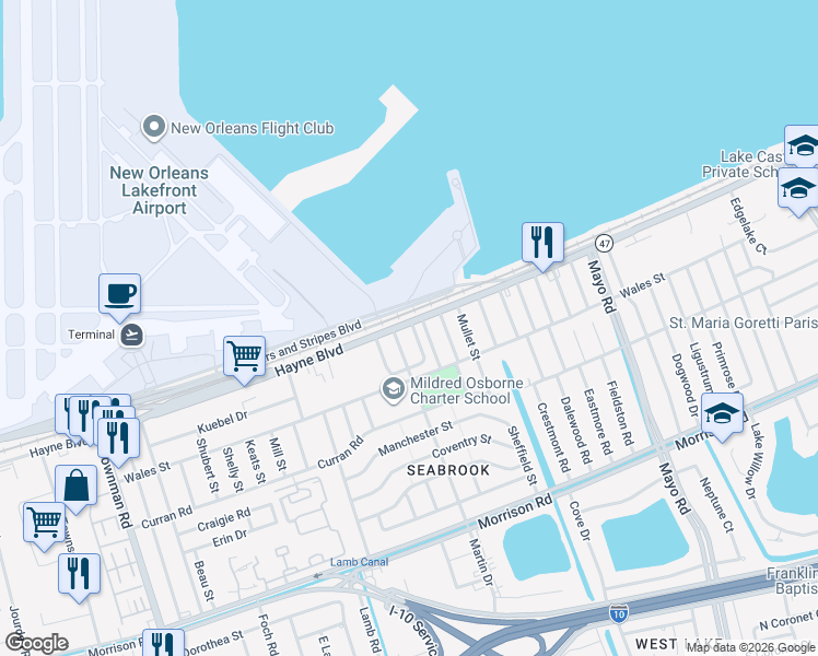 map of restaurants, bars, coffee shops, grocery stores, and more near 66 Curtis Drive in New Orleans