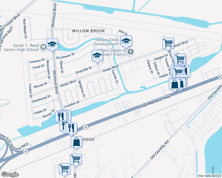 map of restaurants, bars, coffee shops, grocery stores, and more near 1371 Lourdes Street in New Orleans
