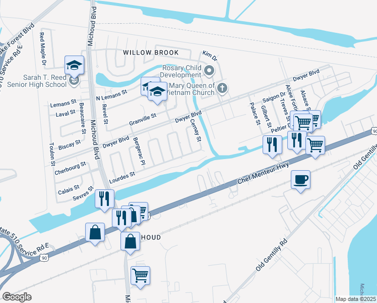 map of restaurants, bars, coffee shops, grocery stores, and more near 1371 Lourdes Street in New Orleans