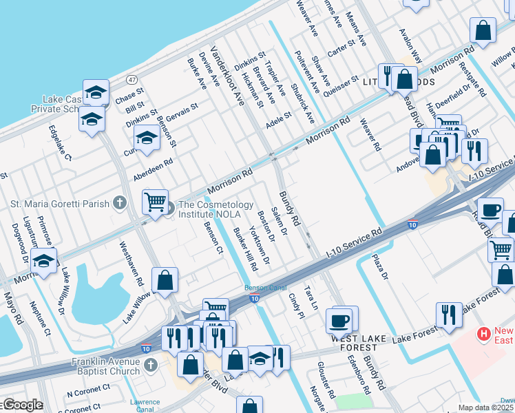map of restaurants, bars, coffee shops, grocery stores, and more near 7133 Yorktown Drive in New Orleans