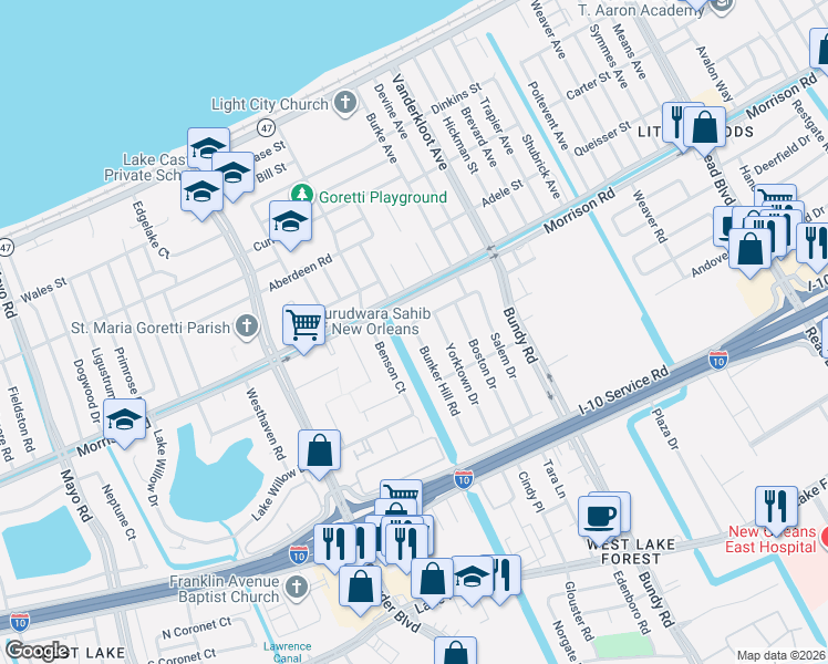map of restaurants, bars, coffee shops, grocery stores, and more near 7210 Bunker Hill Road in New Orleans