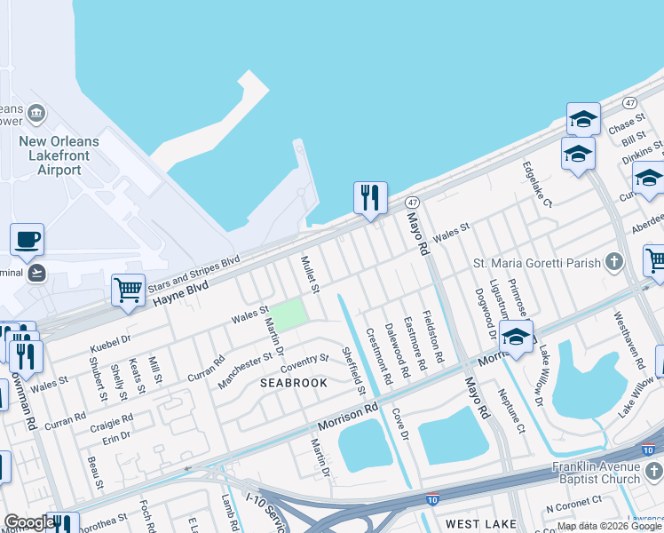 map of restaurants, bars, coffee shops, grocery stores, and more near 7915 Mullet Street in New Orleans